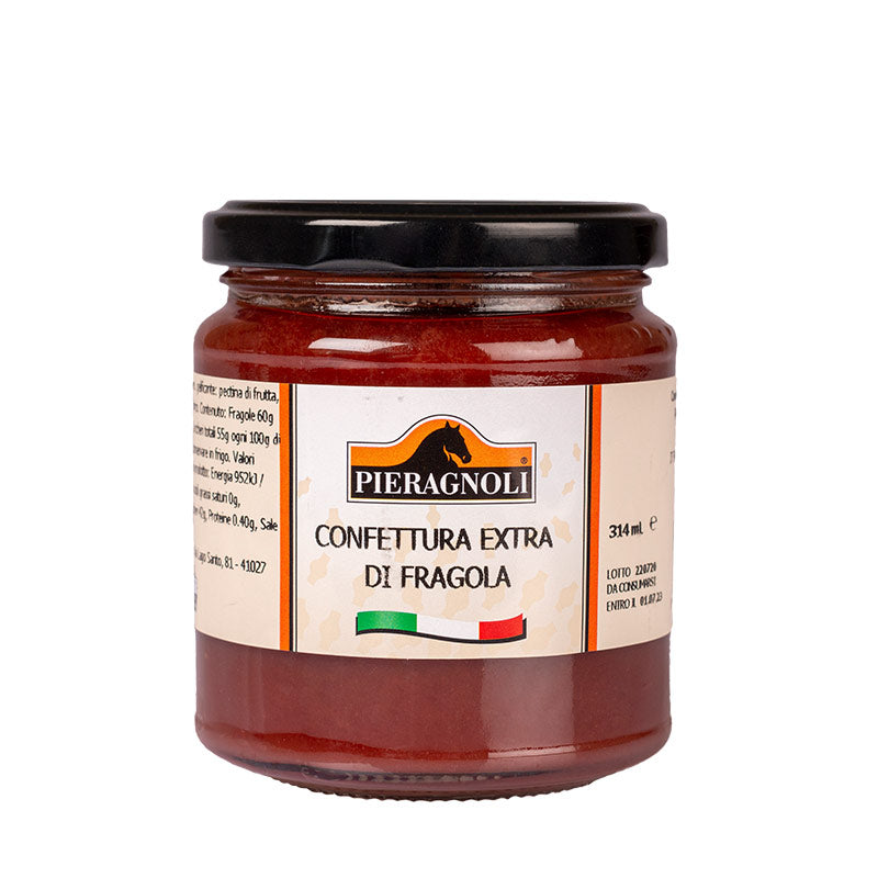 confettura fragola pieragnoli Si definisce Confettura Extra ogni preparazione gelificata ottenuta dalla cottura di acqua, zucchero e frutta, quest’ultima presente in parti non inferiori al 45%. Le Confetture Extra Pieragnoli contengono addirittura 60g di frutta ogni 100g di prodotto. I frutti utilizzati sono freschi, integri e sani, semplicemente puliti e spuntati prima della preparazione.