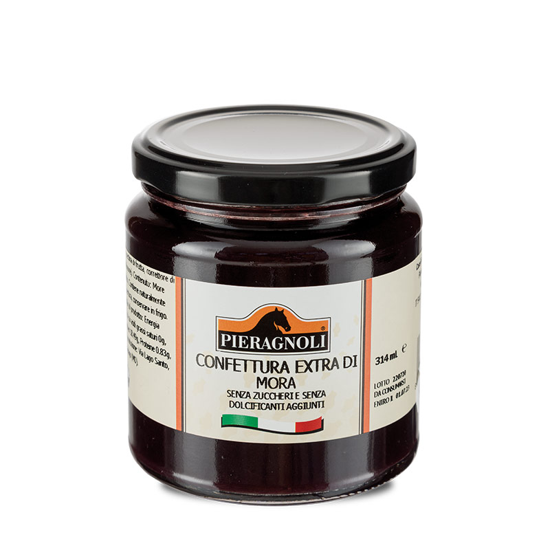 confettura di mora pieragnoli Si definisce Confettura Extra ogni preparazione gelificata ottenuta dalla cottura di acqua, zucchero e frutta, quest’ultima presente in parti non inferiori al 45%. Le Confetture Extra Pieragnoli contengono addirittura 60g di frutta ogni 100g di prodotto. I frutti utilizzati sono freschi, integri e sani, semplicemente puliti e spuntati prima della preparazione.