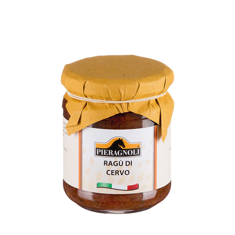 ragu di cervo pieragnoli Confezionato in barattolo di vetro con tappo in metallo chiuso ermeticamente. Dopo l’apertura conservare in frigo e consumare entro 6 giorni. Carne di cervo 60%, pomodoro, cipolla, carne di suino, olio extravergine di oliva, vino (contiene solfiti), sale, aglio, pepe.