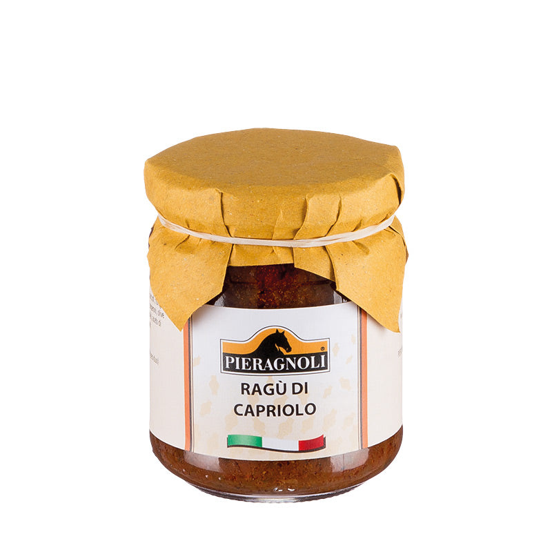ragu di capriolo pieragnoli Confezionato in barattolo di vetro con tappo in metallo chiuso ermeticamente. Dopo l’apertura conservare in frigo e consumare entro 6 giorni. Carne di Capriolo 60%, pomodoro, cipolla, vino (contiene solfiti), olio extra vergine di oliva, carne di suino, aglio, sale, pepe rosa, succo di limone (contiene SOLFITI), ginepro, pepe, salvia.