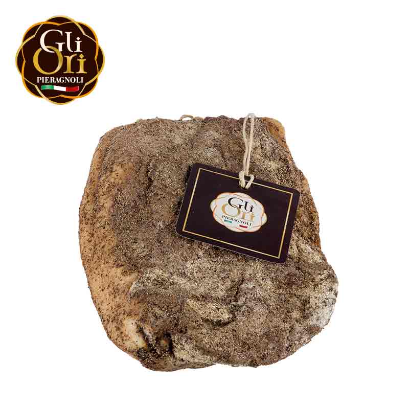 gota salata pieragnoli Emblema della tradizione contadina toscana, si ottiene dalla guancia del maiale, caratterizzata da carni dal gusto delicato dovuto alla parte grassa di colore bianco venata dalla parte magra di colore rosato, speziate e stagionate con cura. Carne di suino, sale, spezie; Conservanti: E250, E252 Antiossidanti: E 301