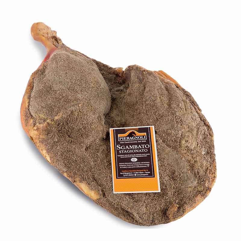 sgambato con fesa pieragnoli Ottenuto dalla lavorazione delle cosce di suino con sale e pepe, lo sgambato è un tipico salume toscano dal carattere deciso e intenso. Carne di suino, sale, Conservanti: E252, E250; destrosio, antiossidante: E301; spezie.