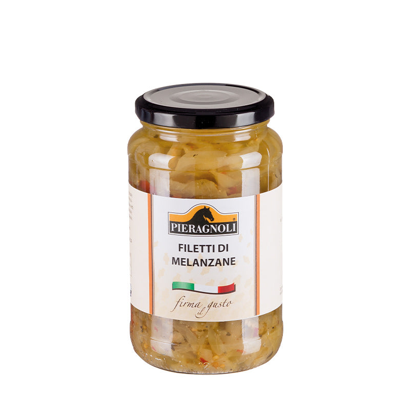 filetti di melanzane pieragnoli Melanzane, olio di semi di girasole, peperoni, aceto di vino, acqua, sale, piante ed erbe aromatiche, aromi. Antiossidanti: E301. Acidificante: E301. Conservante: E220.