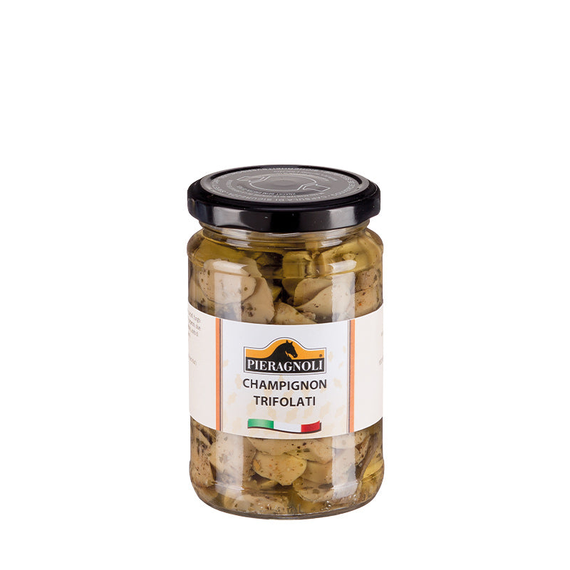 champignon trigolati pieragnoli Funghi coltivati (agaricus bisporus), olio di semi di girasole, aceto di vino, acqua, sale, aromi, piante ed erbe aromatiche. Antiossidanti: E301. Conservante: E220.