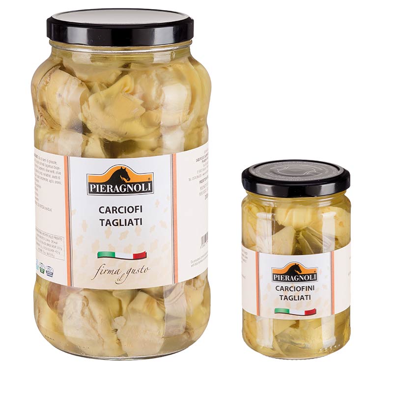 carciofi tagliati pieragnoli Carciofini, olio di semi di girasole, aceto di vino, acqua, sale. Acidificante: E330. Antiossidante: E301. Conservante: E220.