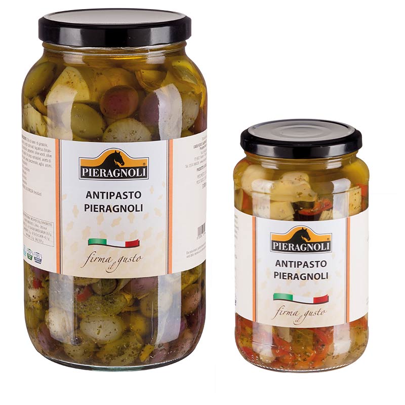 antipasto pieragnoli Olio di semi di girasole, carciofi, funghi champignon (agaricus bisporus), cetriolini, peperoni, olive verdi, olive nere, cipolle in proporzione variabile, aceto di vino, acqua, sale, pepe, prezzemolo, aglio, aromi. Acidificante: E330. Antiossidante: E301. Conservante: E220.
