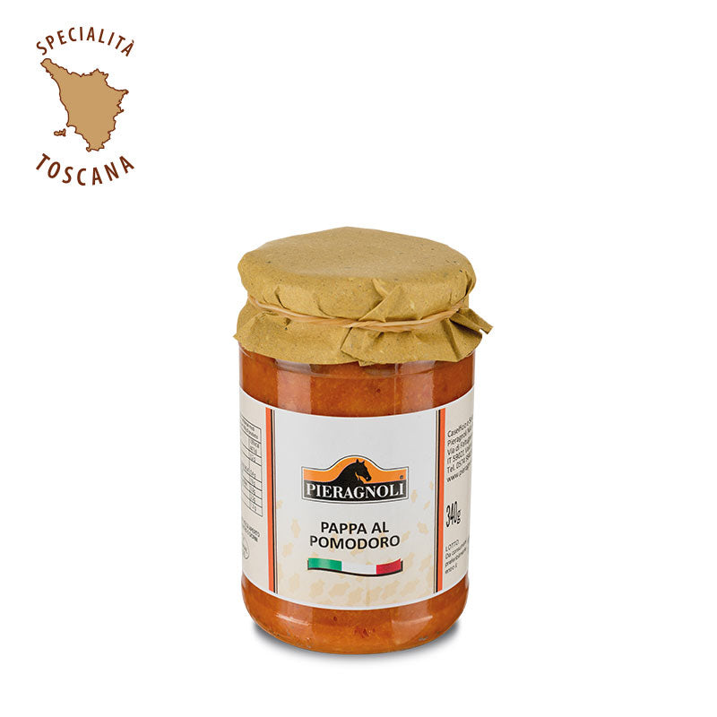 Specialità toscana confezionata in barattolo di vetro con tappo in metallo chiuso ermeticamente. Prodotto adatto ai vegani. Pomodoro 81%, pane 13% (farina di grano, acqua, lievito), olio extravergine di oliva, aglio, sale, basilico, peperoncino. pappa al pomodoro pieragnoli prodotti in italia