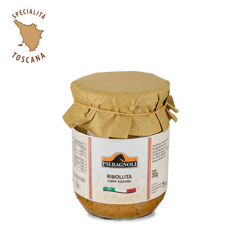 Specialità toscana confezionata in barattolo di vetro con tappo in metallo chiuso ermeticamente. Prodotto adatto ai vegani. ribollita pieragnoli made in italy Fagioli 20%, acqua, pane 11% (farina di grano, lievito), pomodoro, carote, cavolo verza 7%, cavolo nero 6%, cipolle, olio extravergine di oliva, sedano, aglio, sale, peperoncino.