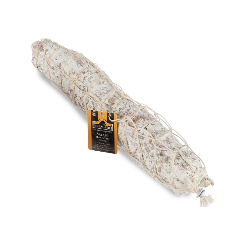 salame montanaro Salame tipico emiliano di colore rosso intenso, con il bianco del grasso macinato. Caratteristico per il suo profumo intenso e il sapore delicato Carne di suino, sale, aromi, spezie, destrosio. Antiossidante E301. Conservanti: E250, E252