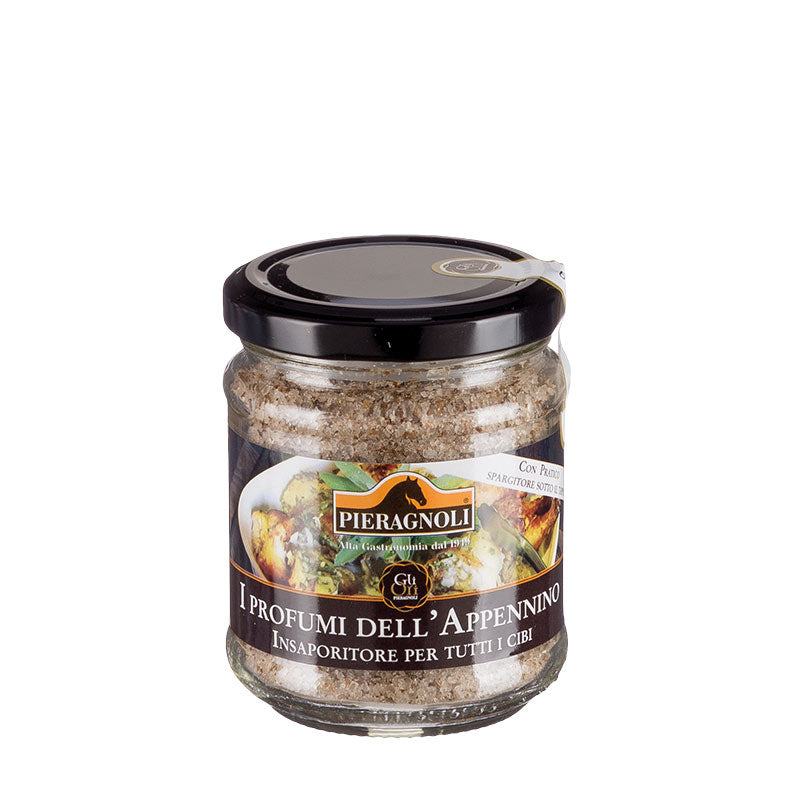 insaporitore In barattolo di vetro con spargitore, chiuso da tappo metallico ermeticamente. Sale iodato protetto (sale, iodato di potassio 0,006%), rosmarino, aglio, ginepro, timo, maggiorana, salvia, pepe nero.