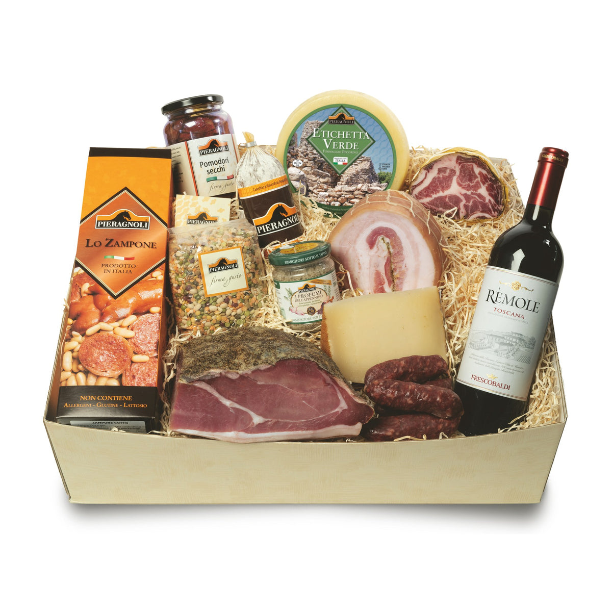 Confezione Regalo Agreste Pieragnoli con prosciutto, pecorino, capocollo, zampone e vino Rèmole
