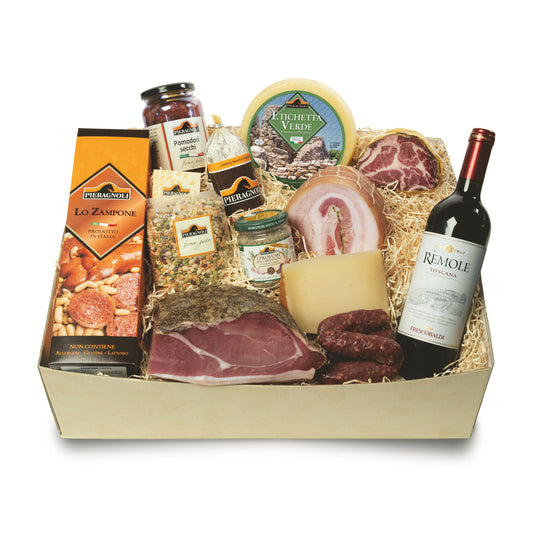 Confezione Regalo Agreste Pieragnoli con prosciutto, pecorino, capocollo, zampone e vino Rèmole