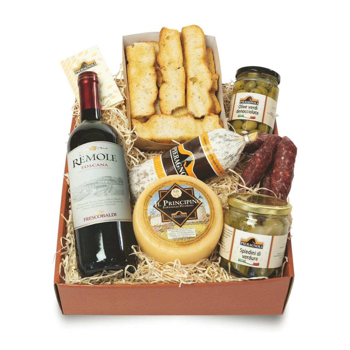 Confezione Regalo Aperitivo Pieragnoli con pecorino, salame, bruschette, olive e vino Rèmole