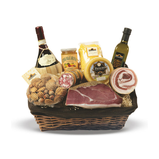 Cesta Natalizia Fattoria Media Pieragnoli con prosciutto, pecorino, pancetta arrotolata e fiasco di Chianti