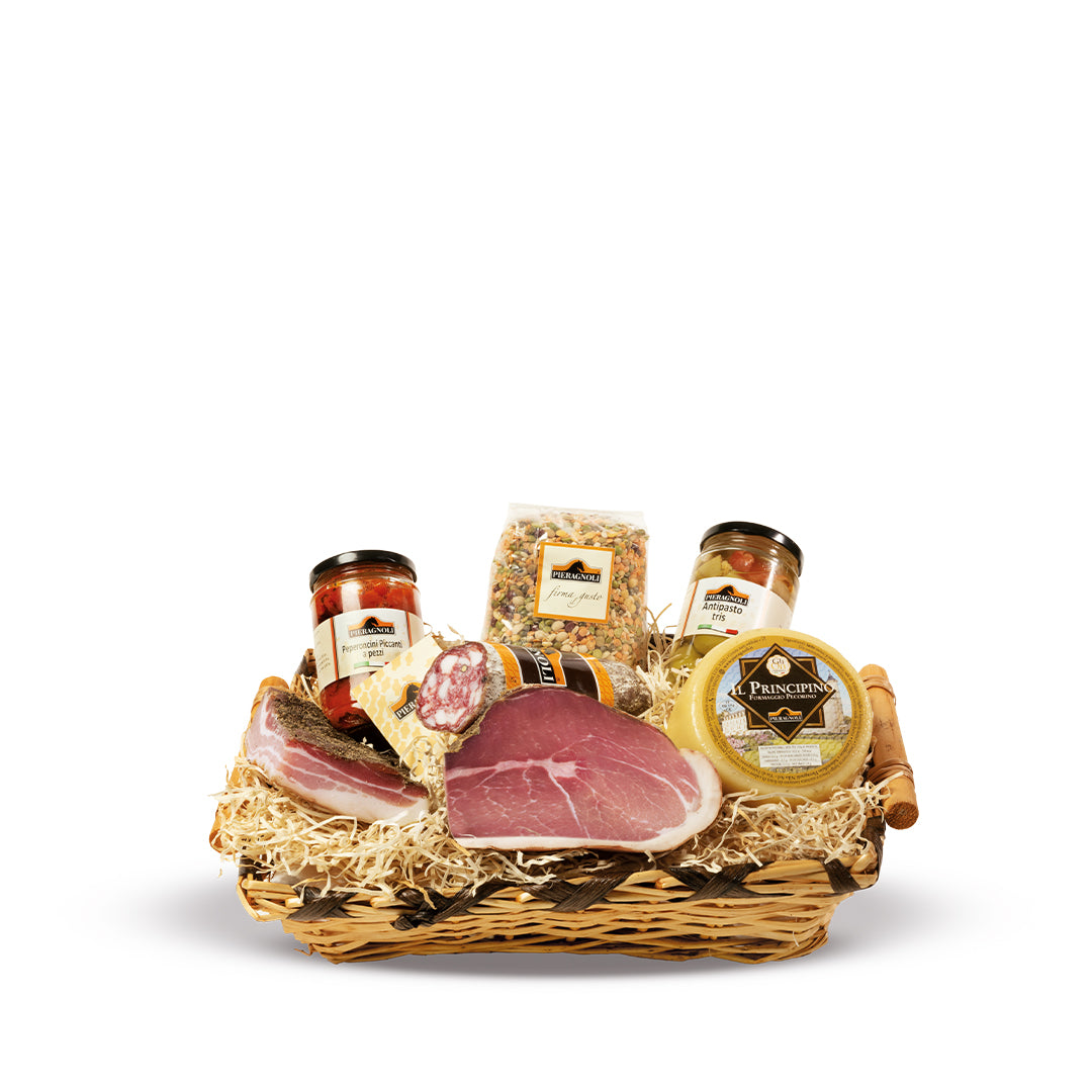 Cesta Natalizia Fattoria Piccola Pieragnoli con prosciutto, pecorino, pancetta e salame toscano