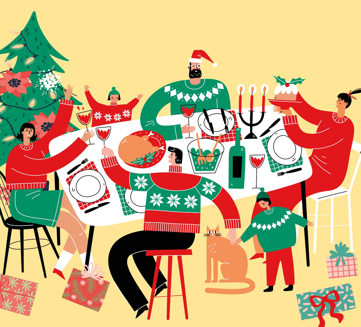 Illustrazione del catalogo Natale 2026 Pieragnoli: famiglia a tavola per le feste