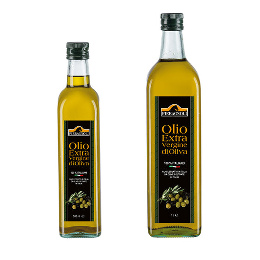 olio extravergine di oliva pieragnoli 500ml o 1 litro Bottiglia in vetro con tappo in metallo chiuso ermeticamente. Olio di oliva di categoria superiore ottenuto direttamente dalle olive e unicamente con procedimenti meccanici