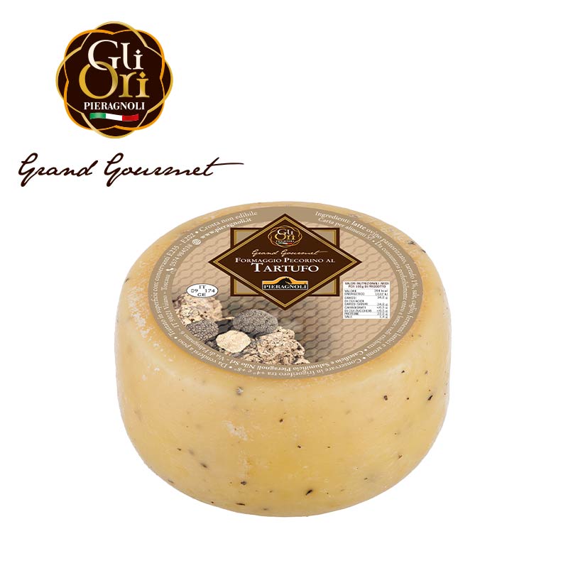 tartufo pieragnoli Formaggio pecorino aromatizzato al tartufo. Latte ovino pastorizzato, tartufo 1% (Tuber aestivum V.I.T.T.), sale di Volterra, caglio, fermenti lattici e aromi. Trattato in superficie con conservanti E235, E202. Crosta non edibile.