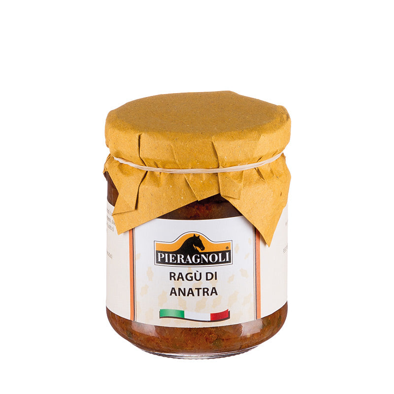 ragu di anatra pieragnoli Confezionato in barattolo di vetro con tappo in metallo chiuso ermeticamente. Dopo l’apertura conservare in frigo e consumare entro 6 giorni. Carne di anatra 60%, pomodoro, cipolla, olio extravergine di oliva, suino, vino (contiene solfiti), aglio, arance, sale, pepe, salvia.