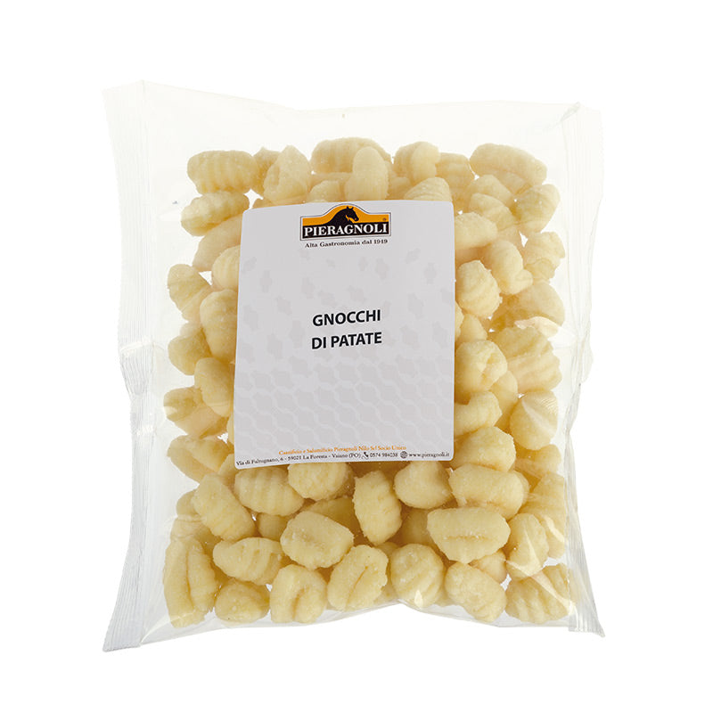 gnocci patate pieragnoli Un impasto a base di patate dalla morbidezza inconfondibile. Patate reidratate 80% (acqua, fiocchi di patate), farina di grano tenero tipo “00”, fecola di patate, farina di riso, sale, aromi naturali. Correttore di acidità: E270. Conservante: E200.