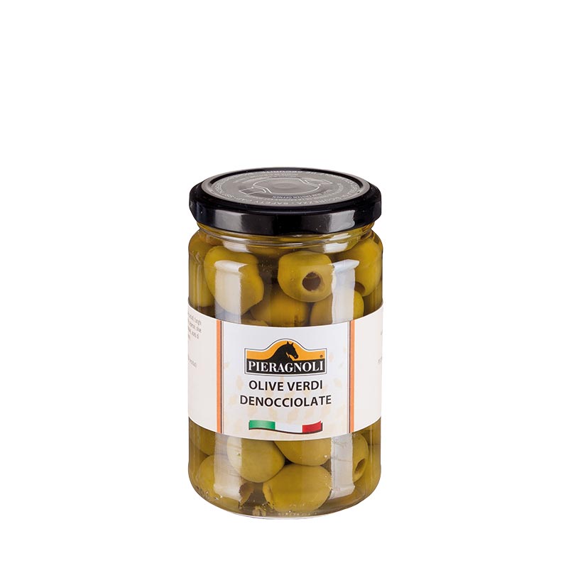 olive verdi denocciolate pieragnoli Confezionato in barattolo di vetro con tappo in metallo chiuso ermeticamente. Olive, acqua, sale. Antiossidante E301. Acidificante: E330. Può contenere noccioli o parti di essi.