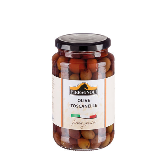 olive toscanelle Confezionato in barattolo di vetro con tappo in metallo chiuso ermeticamente. Olive, acqua, sale. Antiossidante E301. Acidificante: E330.