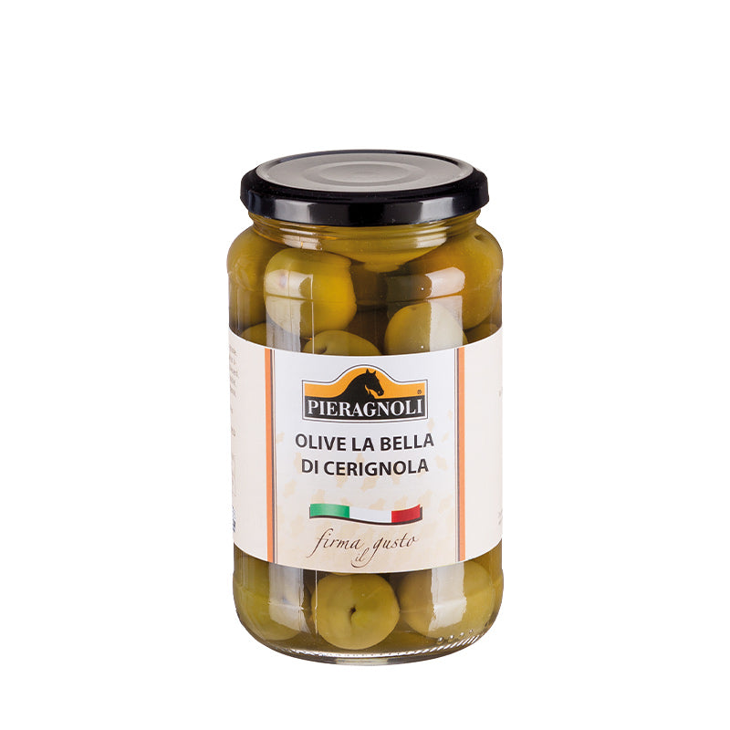 olive la bella cerignola pieragnoli Confezionato in barattolo di vetro con tappo in metallo chiuso ermeticamente. Olive, acqua, sale.Antiossidante: E301. Acidificante: E330.