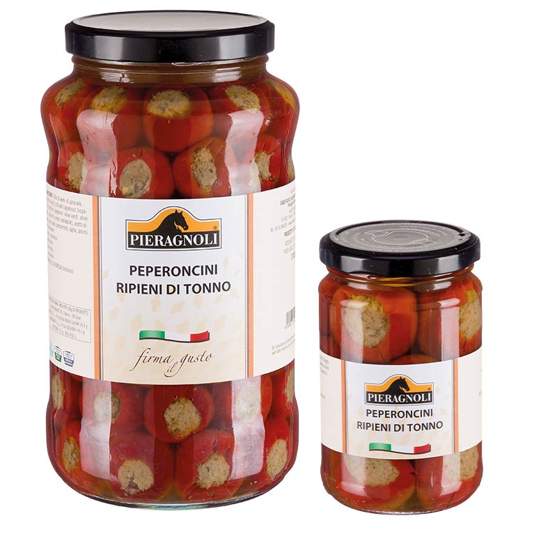 peperoncini ripieni di tonno pieragnoli Confezionato in barattolo di vetro con tappo in metallo chiuso ermeticamente. Peperoncino 40%, olio di semi di girasole 30%, tonno 23%, capperi, olive, acciughe, prezzemolo, aceto di vino, zucchero, sale.