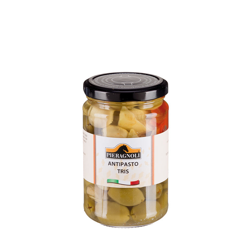 antipasto tris pieragnoli Olio di semi di girasole, olive, carciofi, funghi champignon (agaricus bisporus), peperoni in proporzione variabili, aceto di vino, acqua, sale, aromi Acidificante: E330 Antiossidante: E301 Conservante: E220