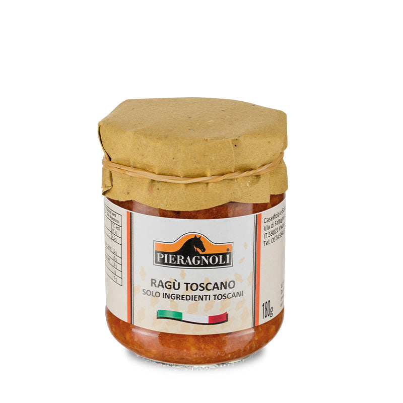 ragu toscano pieragnoli Carne di suino 60%, pomodoro, carota, cipolla, sedano, vino (contiene solfiti), olio extravergine di oliva, sale, aglio, peperoncino.